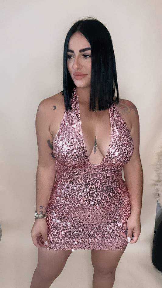 Pink Halter Sequin Mini Dress