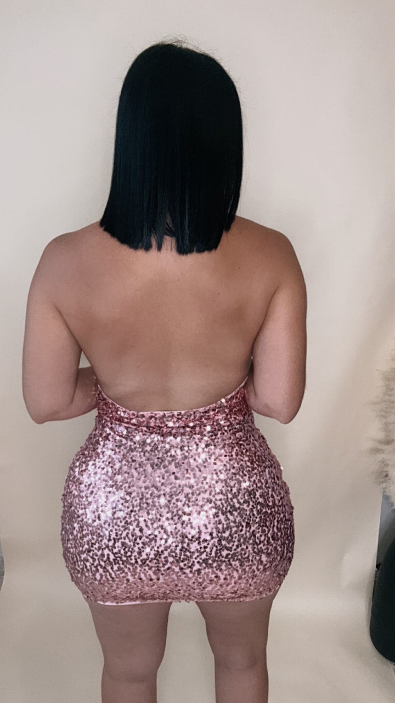 Pink Halter Sequin Mini Dress