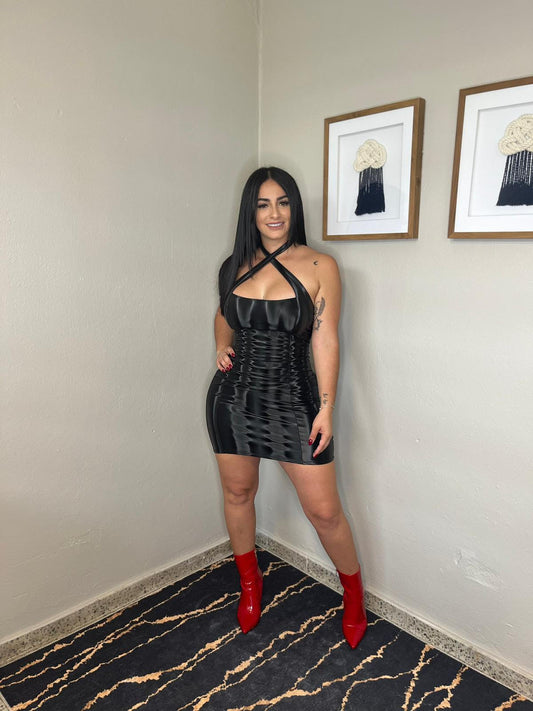 Metallic Leather Black Cocktail Dress