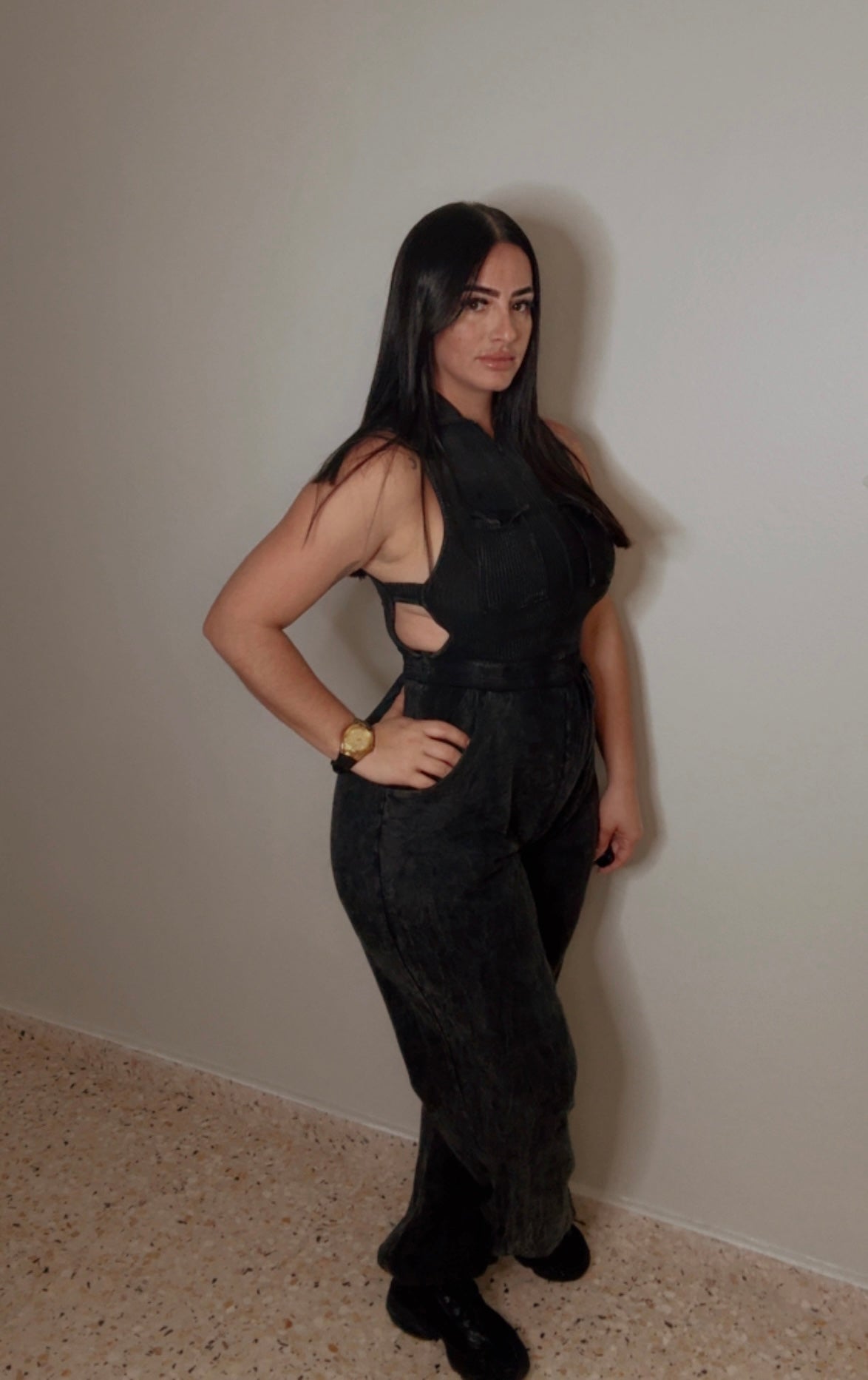 Cutout Washed Denim Jumpsuit