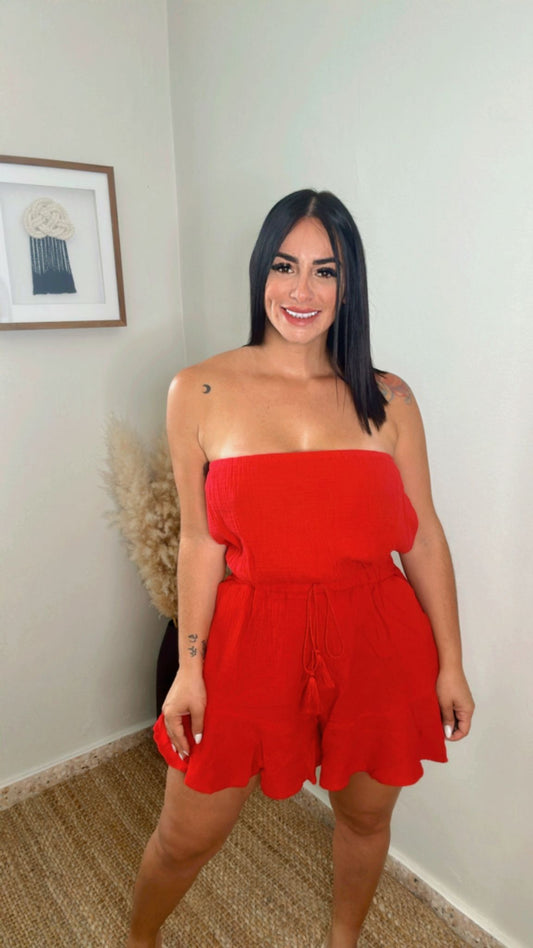 Red Flared Romper With Pockets