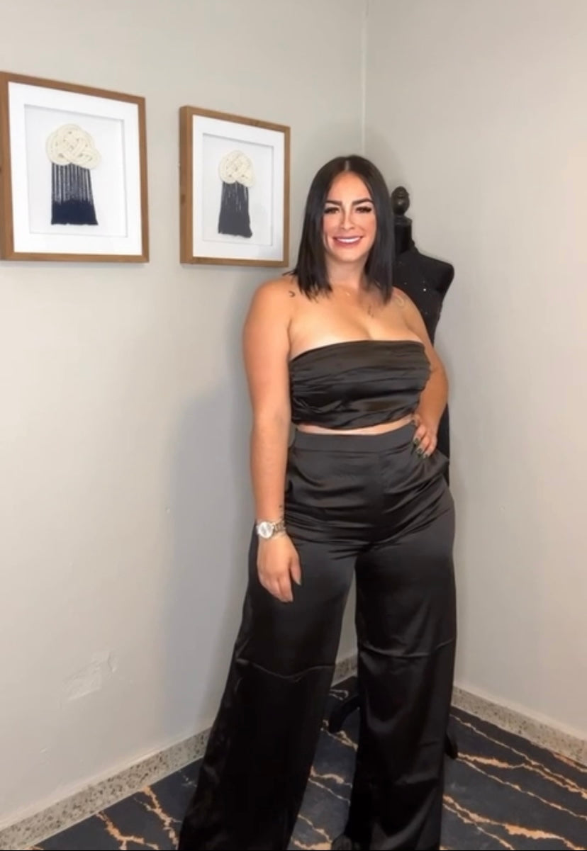 Black Strapless Crop Top and Flared Pants